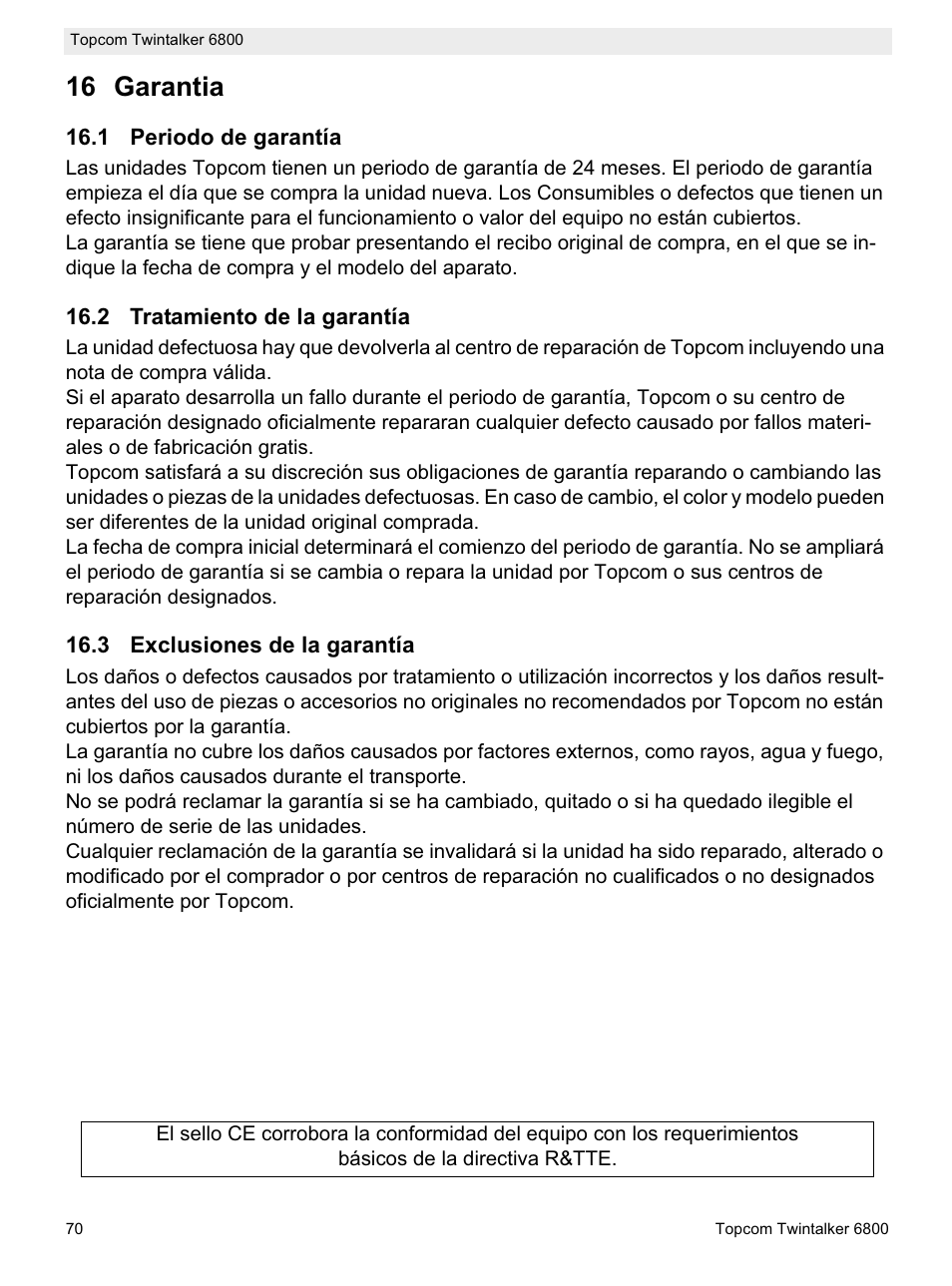 16 garantia | Topcom Twintalker 6800 User Manual | Page 70 / 236