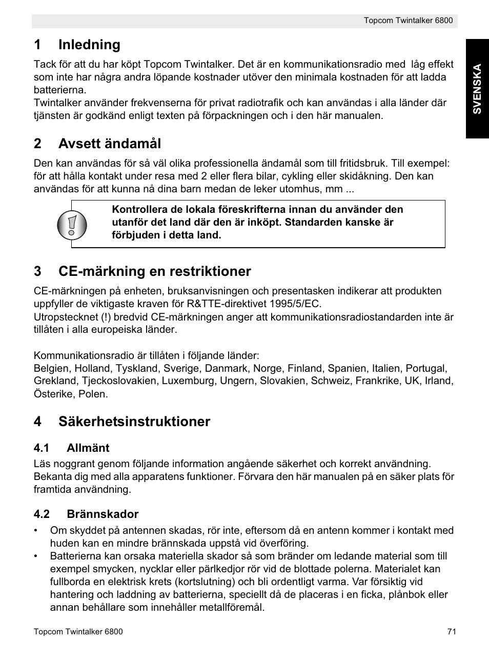 1inledning, 2avsett ändamål, 3ce-märkning en restriktioner | 4säkerhetsinstruktioner | Topcom Twintalker 6800 User Manual | Page 71 / 236