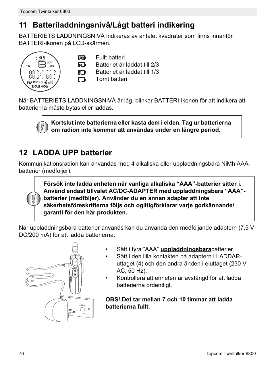 11 batteriladdningsnivå/lågt batteri indikering, 12 ladda upp batterier | Topcom Twintalker 6800 User Manual | Page 76 / 236