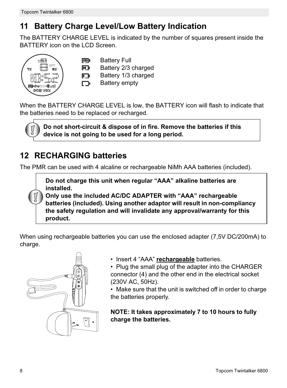 11 battery charge level/low battery indication, 12 recharging batteries | Topcom Twintalker 6800 User Manual | Page 8 / 236