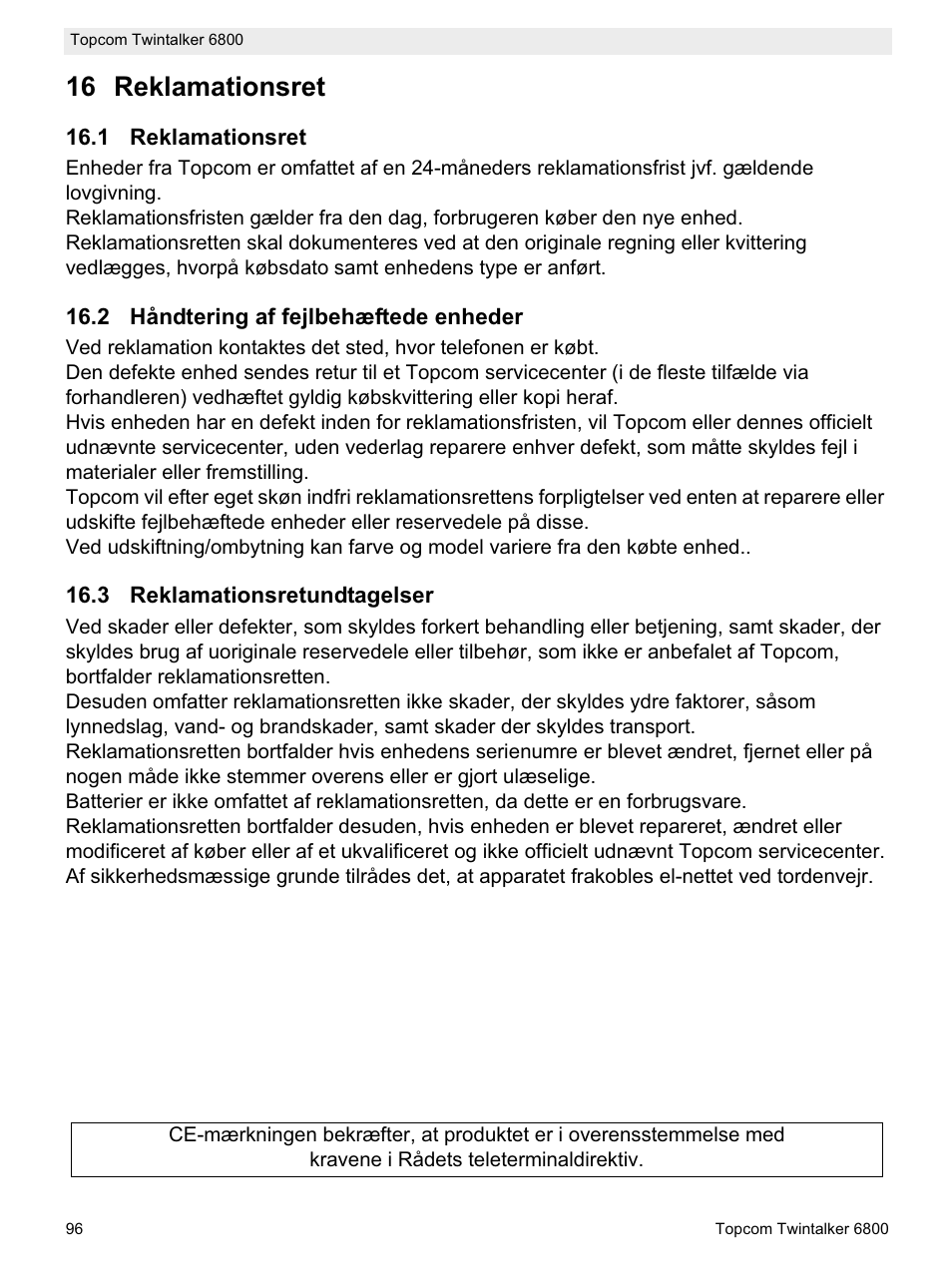 16 reklamationsret | Topcom Twintalker 6800 User Manual | Page 96 / 236