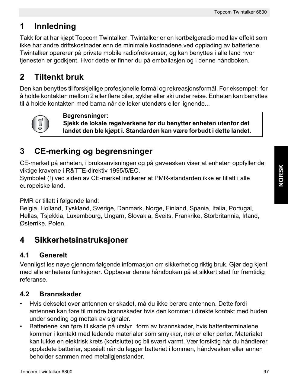 1innledning, 2tiltenkt bruk, 3ce-merking og begrensninger | 4sikkerhetsinstruksjoner | Topcom Twintalker 6800 User Manual | Page 97 / 236