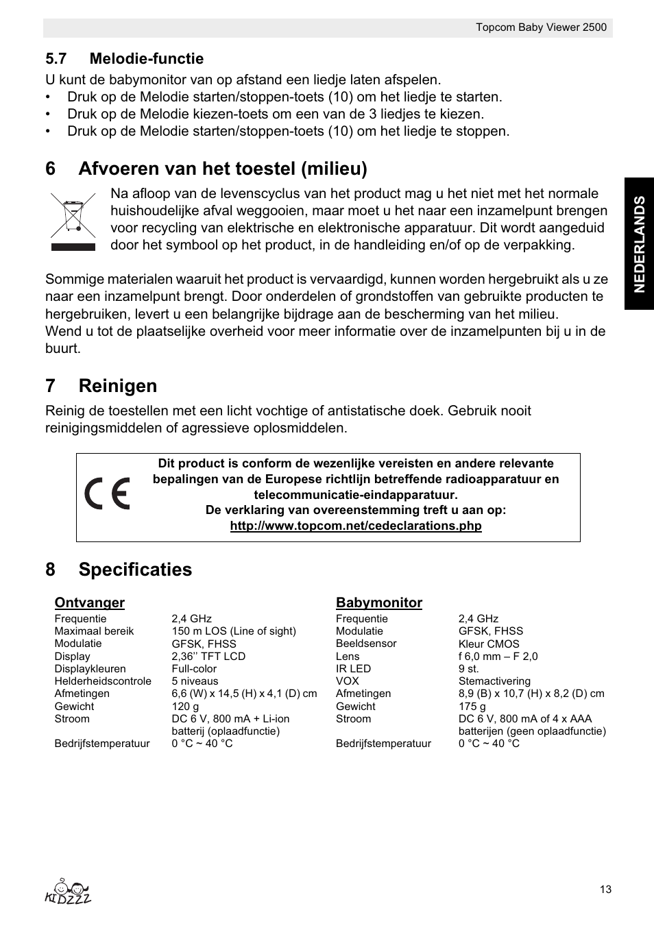 6afvoeren van het toestel (milieu), 7reinigen, 8specificaties | Topcom BABY VIEWER 2500 User Manual | Page 13 / 104