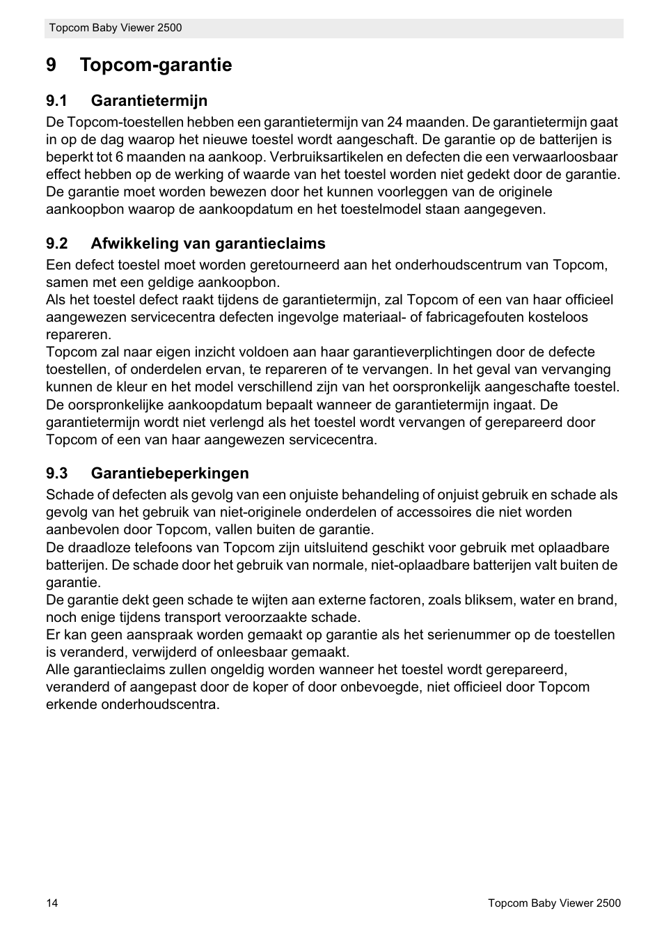 9topcom-garantie | Topcom BABY VIEWER 2500 User Manual | Page 14 / 104