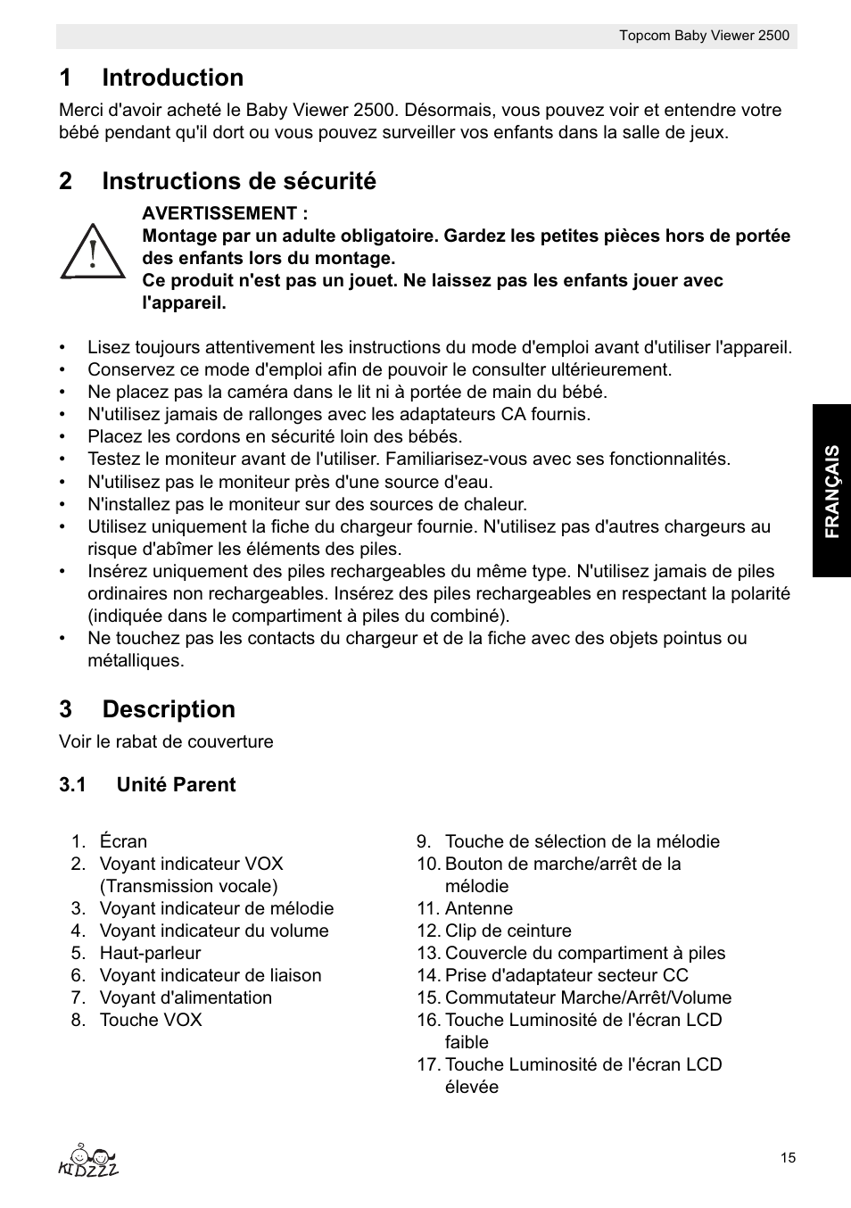 1introduction, 2instructions de sécurité, 3description | Topcom BABY VIEWER 2500 User Manual | Page 15 / 104