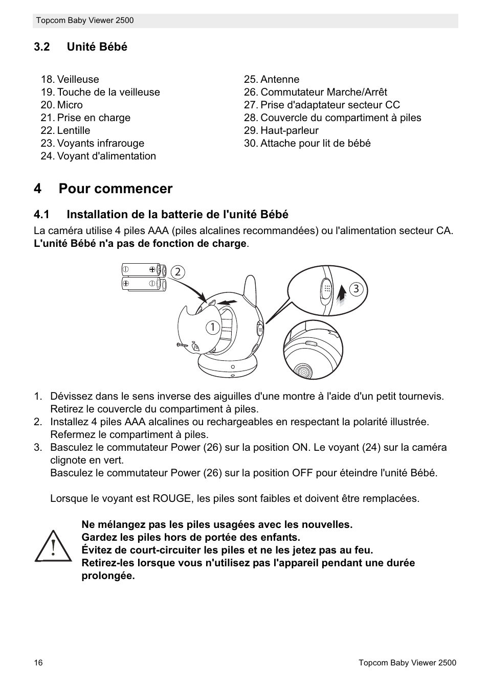 4pour commencer | Topcom BABY VIEWER 2500 User Manual | Page 16 / 104
