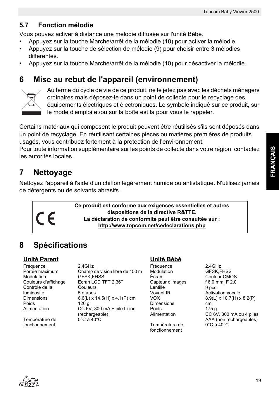 6mise au rebut de l'appareil (environnement), 7nettoyage, 8spécifications | Topcom BABY VIEWER 2500 User Manual | Page 19 / 104