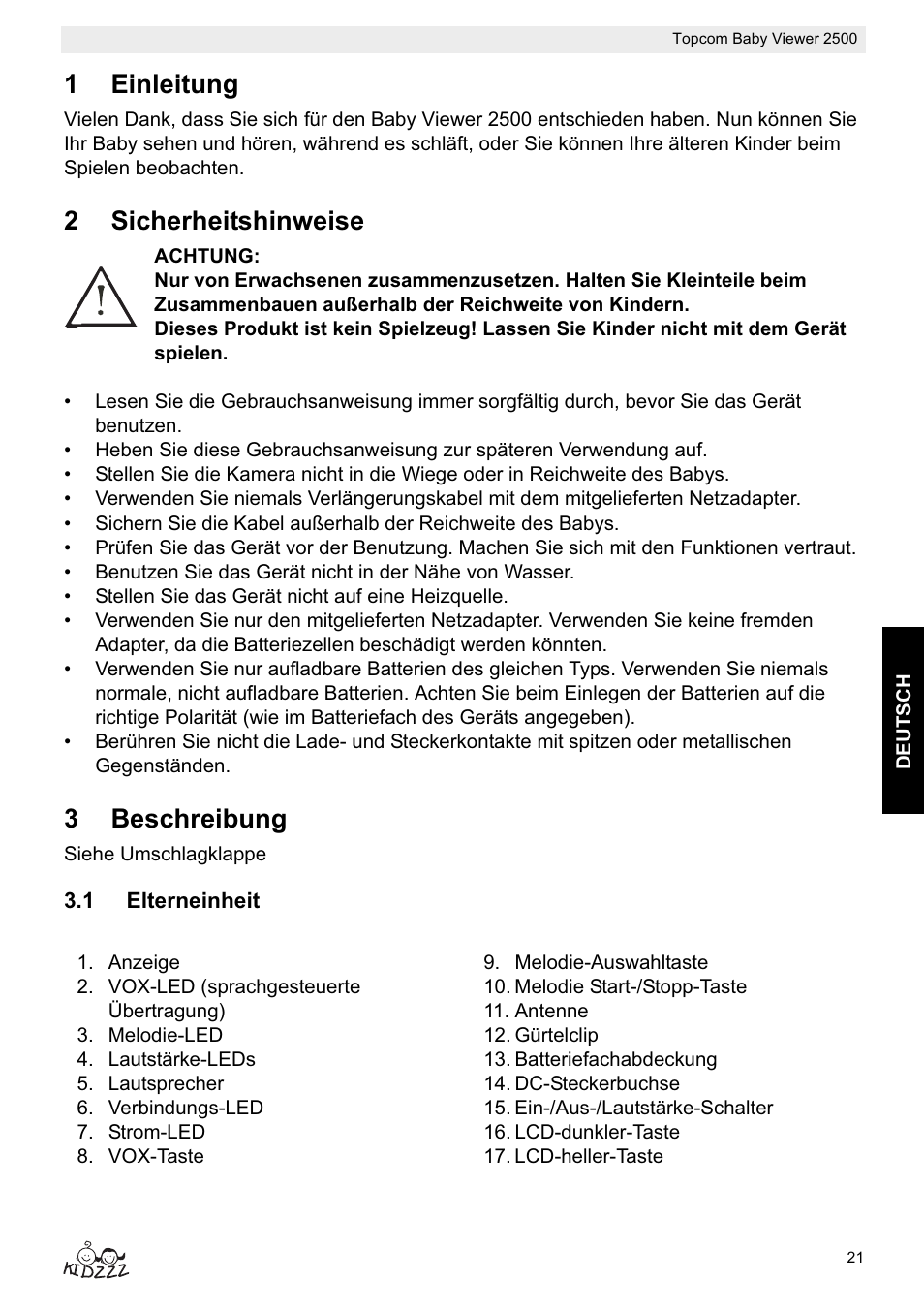 1einleitung, 2sicherheitshinweise, 3beschreibung | Topcom BABY VIEWER 2500 User Manual | Page 21 / 104