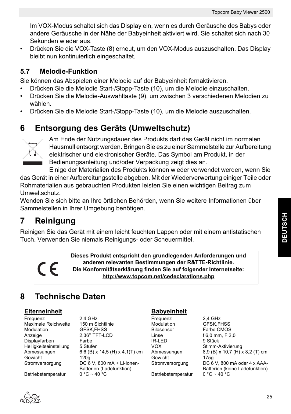 6entsorgung des geräts (umweltschutz), 7reinigung, 8technische daten | Topcom BABY VIEWER 2500 User Manual | Page 25 / 104