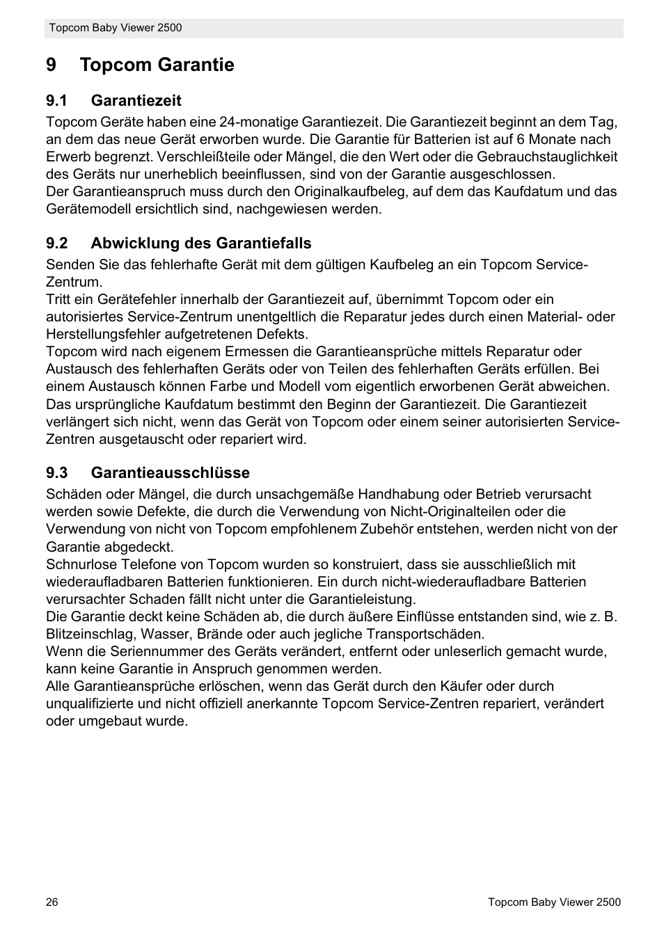 9topcom garantie | Topcom BABY VIEWER 2500 User Manual | Page 26 / 104