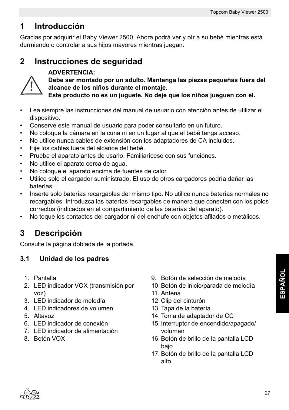 1introducción, 2instrucciones de seguridad, 3descripción | Topcom BABY VIEWER 2500 User Manual | Page 27 / 104