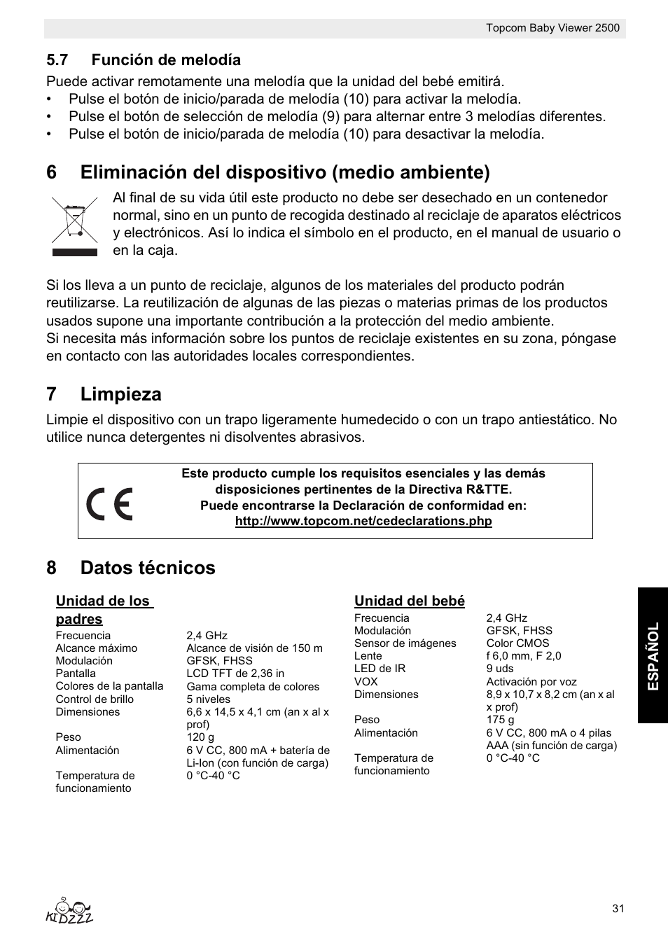 6eliminación del dispositivo (medio ambiente), 7limpieza, 8datos técnicos | Topcom BABY VIEWER 2500 User Manual | Page 31 / 104