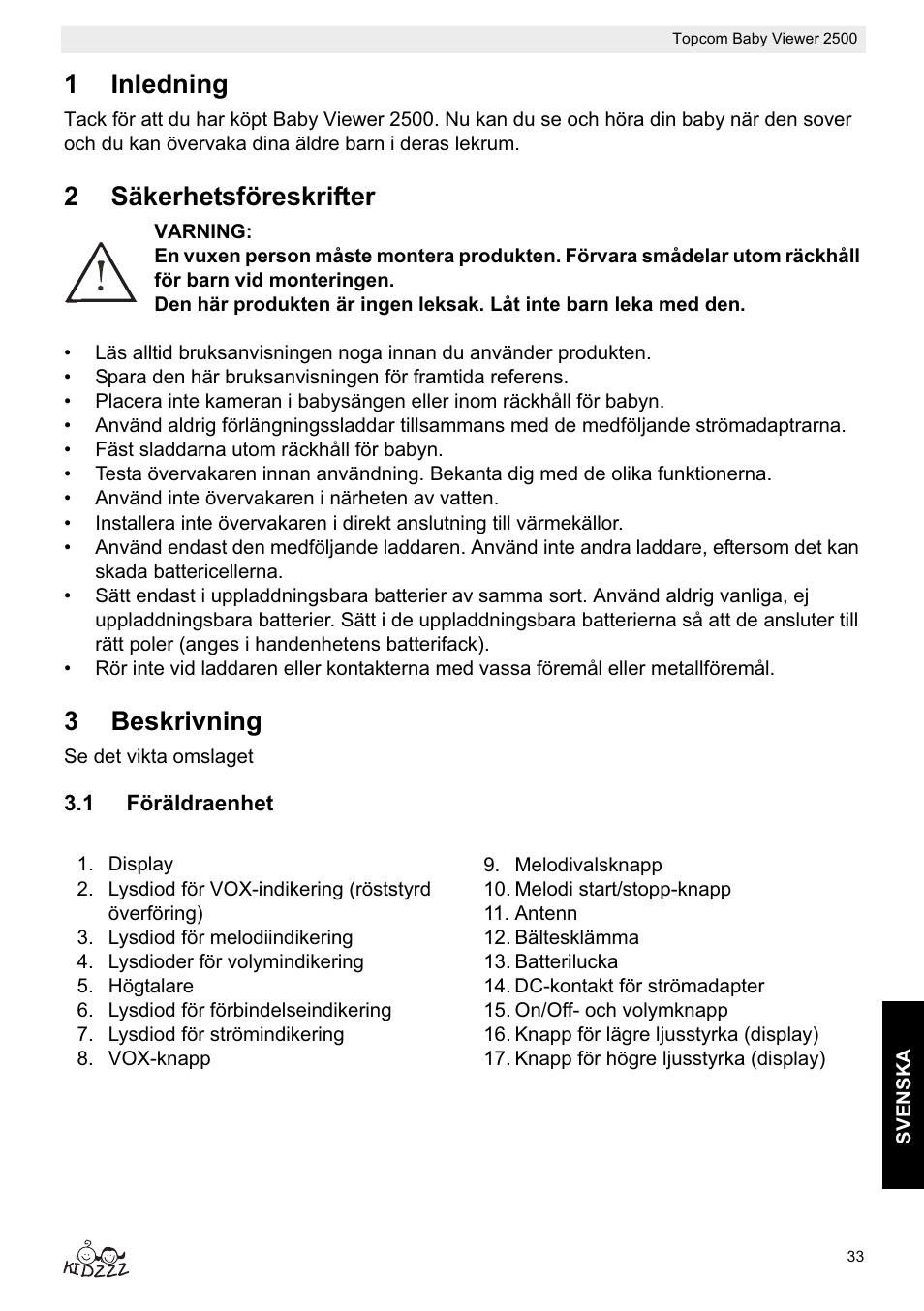 1inledning, 2säkerhetsföreskrifter, 3beskrivning | Topcom BABY VIEWER 2500 User Manual | Page 33 / 104