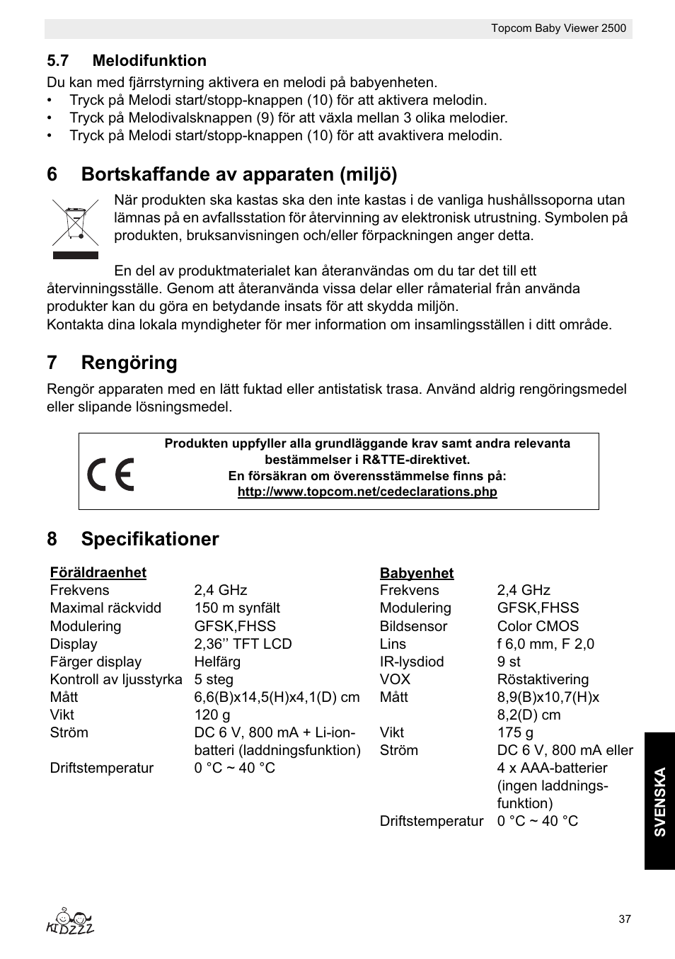 6bortskaffande av apparaten (miljö), 7rengöring, 8specifikationer | Topcom BABY VIEWER 2500 User Manual | Page 37 / 104