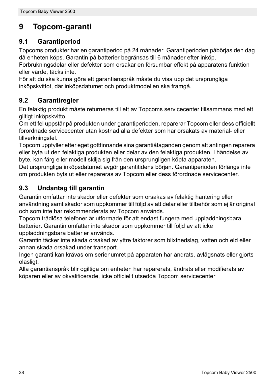 9topcom-garanti | Topcom BABY VIEWER 2500 User Manual | Page 38 / 104