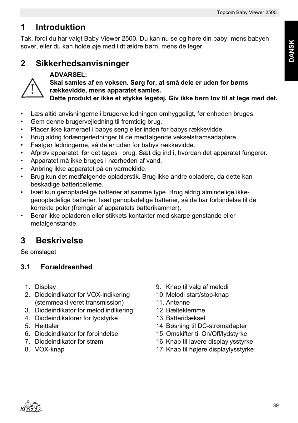 1introduktion, 2sikkerhedsanvisninger, 3beskrivelse | Topcom BABY VIEWER 2500 User Manual | Page 39 / 104