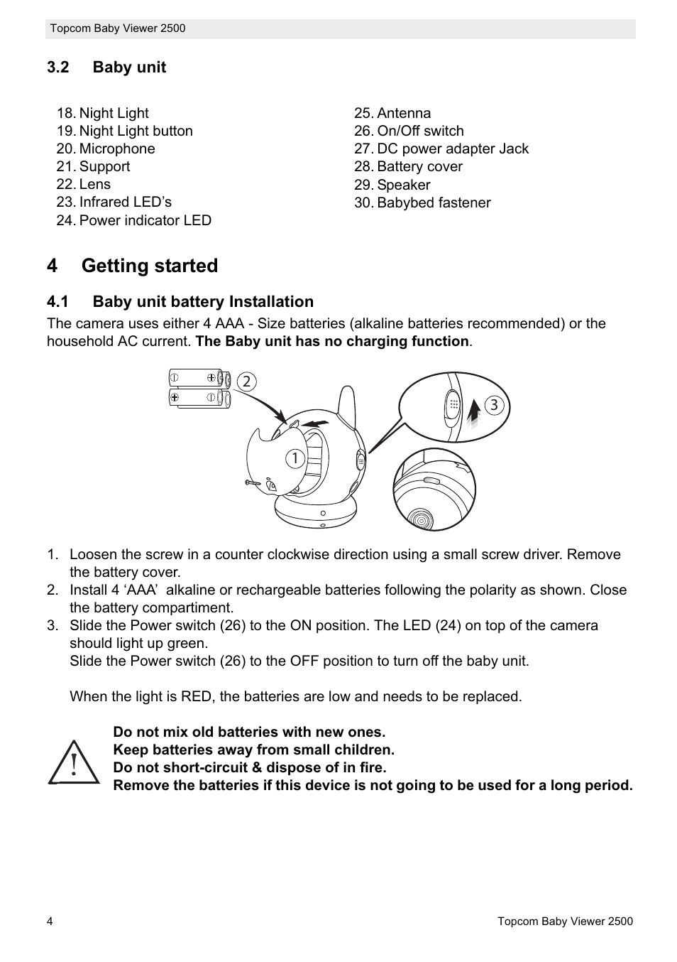 4getting started | Topcom BABY VIEWER 2500 User Manual | Page 4 / 104