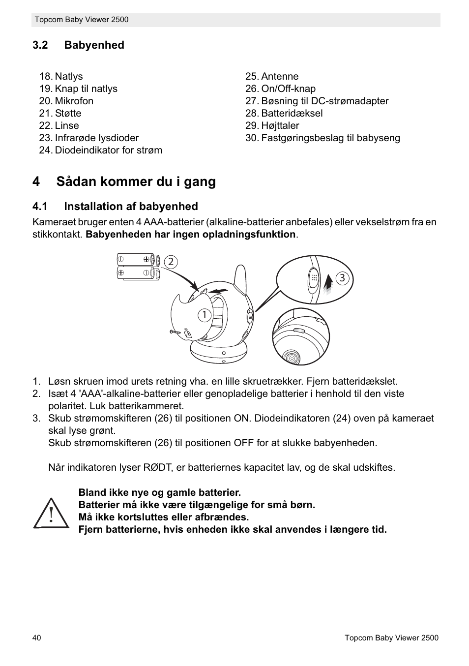 4sådan kommer du i gang | Topcom BABY VIEWER 2500 User Manual | Page 40 / 104