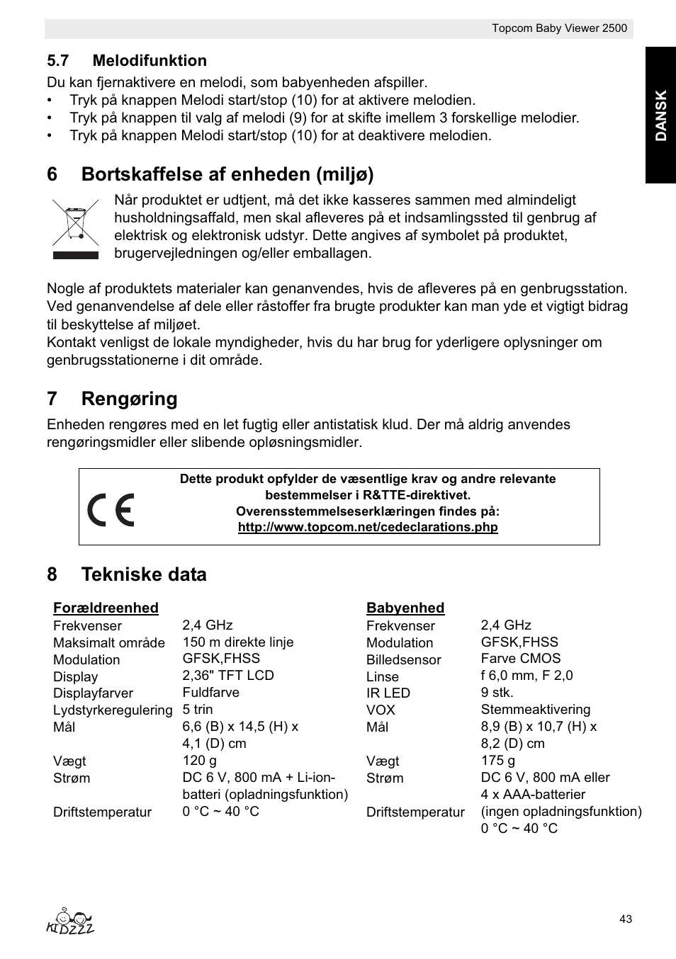 6bortskaffelse af enheden (miljø), 7rengøring, 8tekniske data | Topcom BABY VIEWER 2500 User Manual | Page 43 / 104