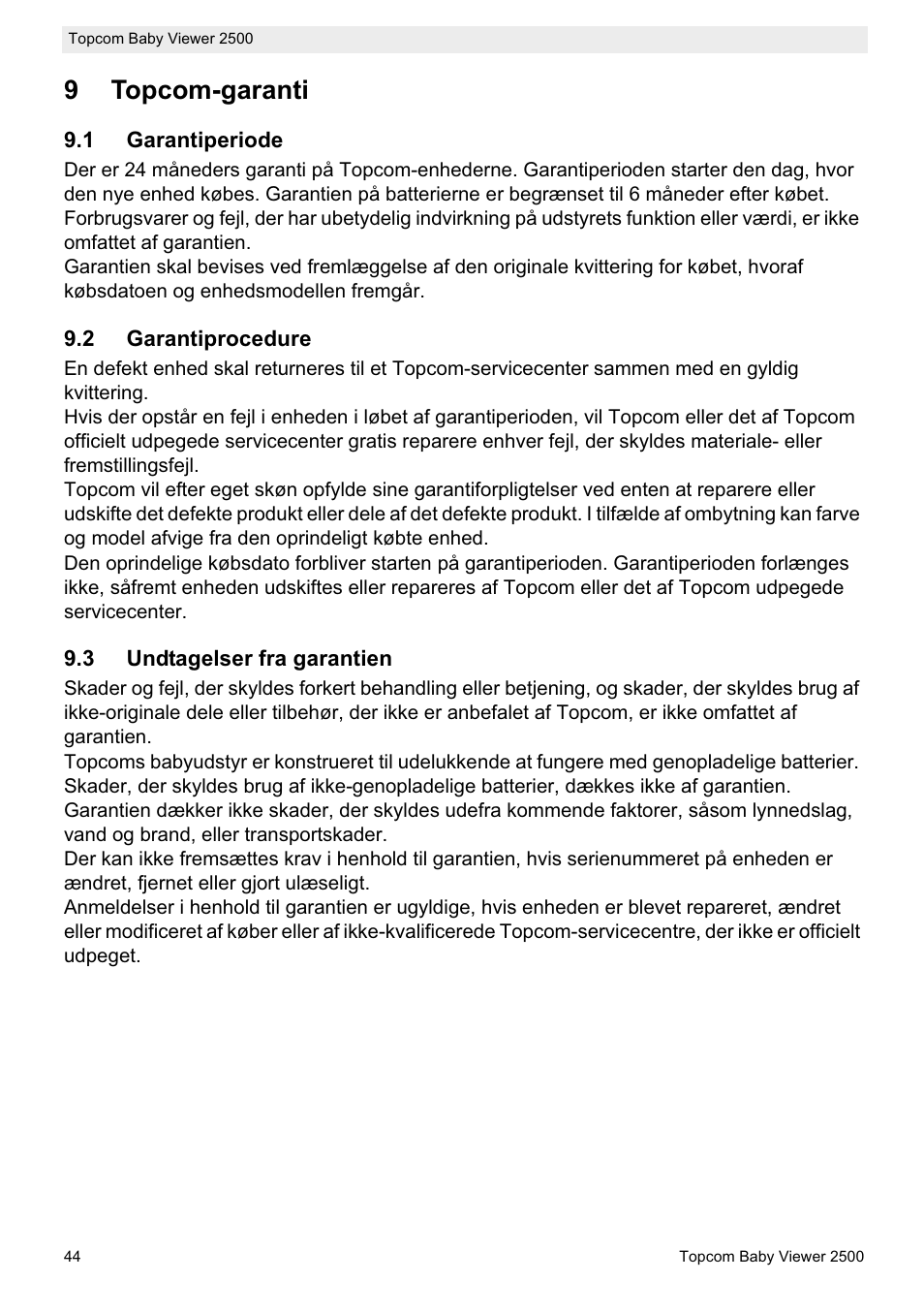 9topcom-garanti | Topcom BABY VIEWER 2500 User Manual | Page 44 / 104