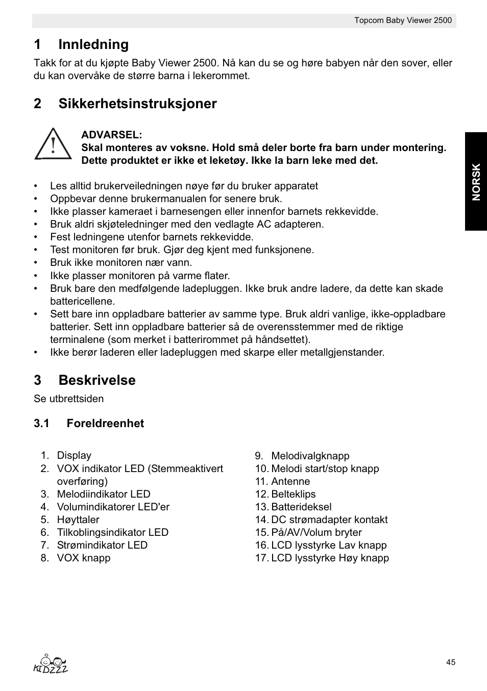 1innledning, 2sikkerhetsinstruksjoner, 3beskrivelse | Topcom BABY VIEWER 2500 User Manual | Page 45 / 104