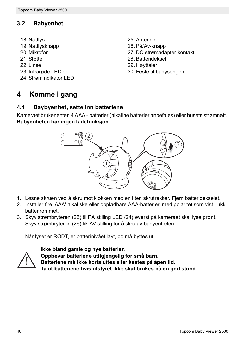 4komme i gang | Topcom BABY VIEWER 2500 User Manual | Page 46 / 104
