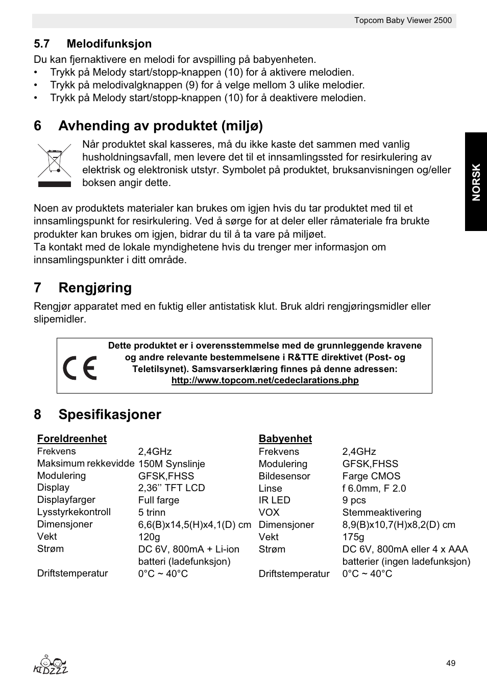 6avhending av produktet (miljø), 7rengjøring, 8spesifikasjoner | Topcom BABY VIEWER 2500 User Manual | Page 49 / 104