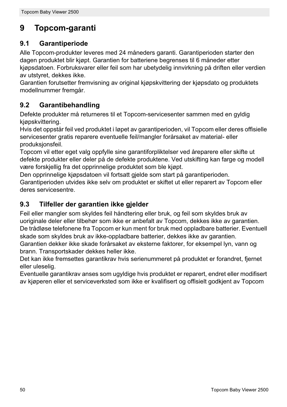 9topcom-garanti | Topcom BABY VIEWER 2500 User Manual | Page 50 / 104