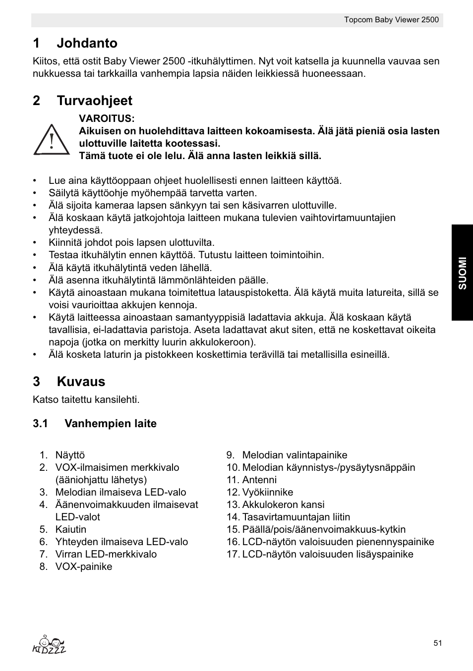 1johdanto, 2turvaohjeet, 3kuvaus | Topcom BABY VIEWER 2500 User Manual | Page 51 / 104