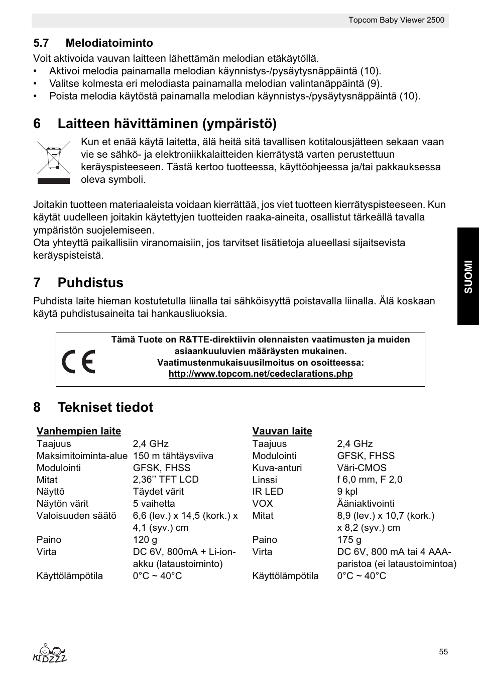 6laitteen hävittäminen (ympäristö), 7puhdistus, 8tekniset tiedot | Topcom BABY VIEWER 2500 User Manual | Page 55 / 104