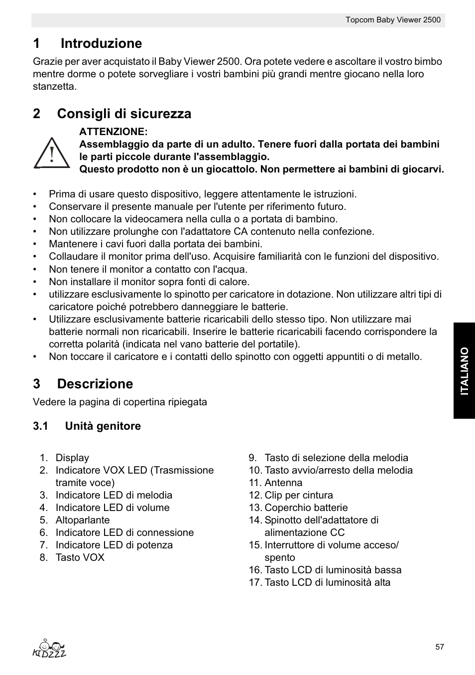 1introduzione, 2consigli di sicurezza, 3descrizione | Topcom BABY VIEWER 2500 User Manual | Page 57 / 104