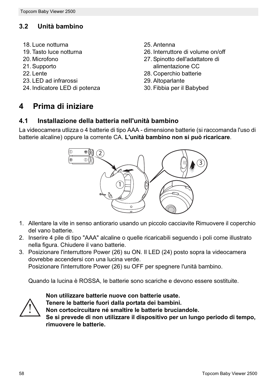 4prima di iniziare | Topcom BABY VIEWER 2500 User Manual | Page 58 / 104
