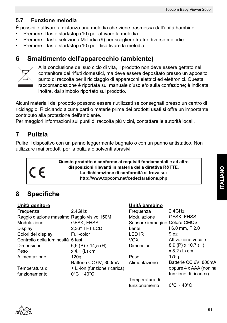 6smaltimento dell'apparecchio (ambiente), 7pulizia, 8specifiche | Topcom BABY VIEWER 2500 User Manual | Page 61 / 104