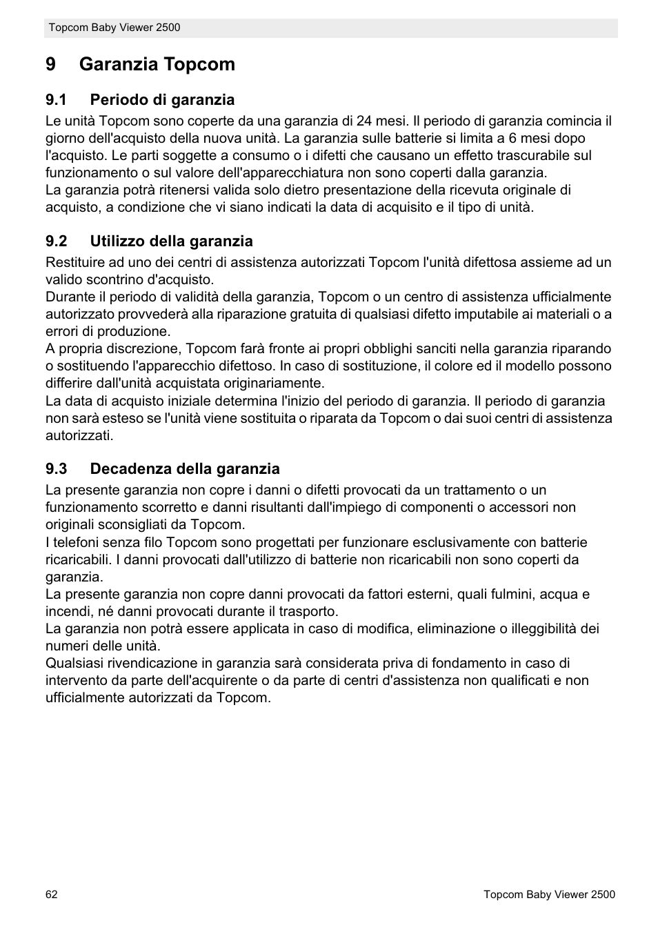 9garanzia topcom | Topcom BABY VIEWER 2500 User Manual | Page 62 / 104