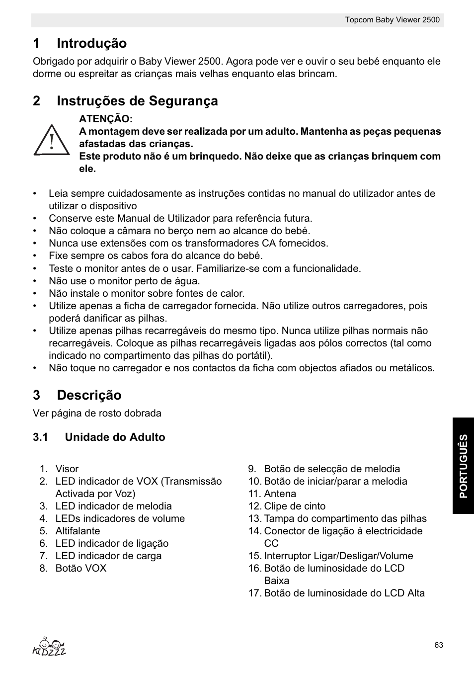 1introdução, 2instruções de segurança, 3descrição | Topcom BABY VIEWER 2500 User Manual | Page 63 / 104
