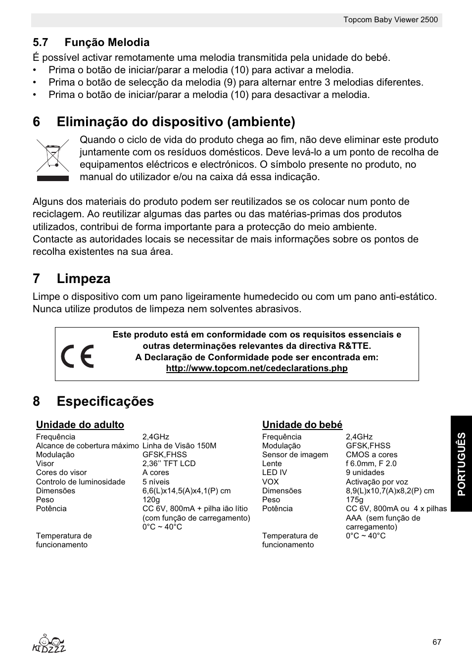 6eliminação do dispositivo (ambiente), 7limpeza, 8especificações | Topcom BABY VIEWER 2500 User Manual | Page 67 / 104