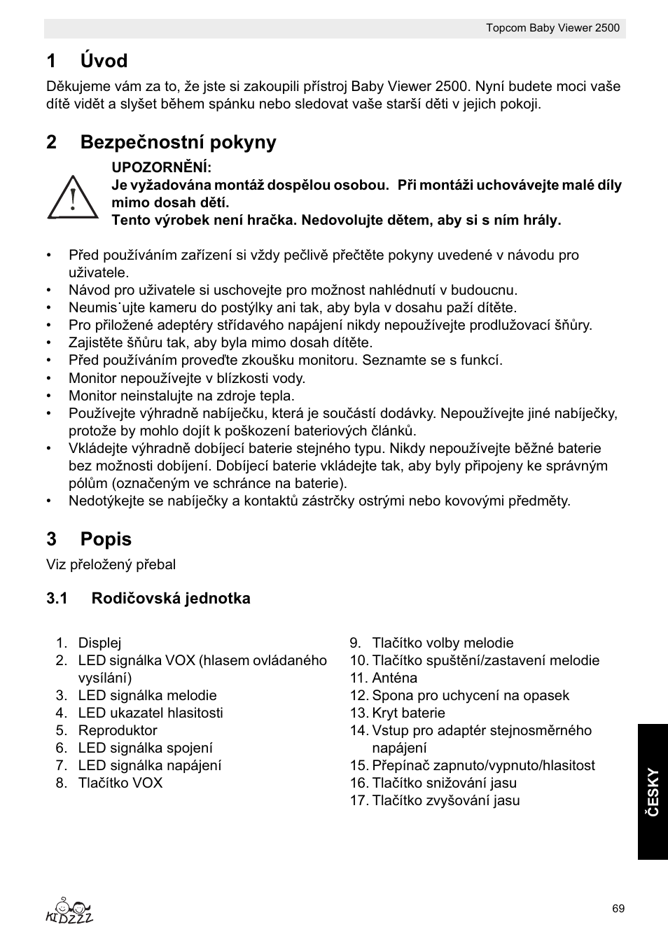 1úvod, 2bezpeþnostní pokyny, 3popis | Topcom BABY VIEWER 2500 User Manual | Page 69 / 104