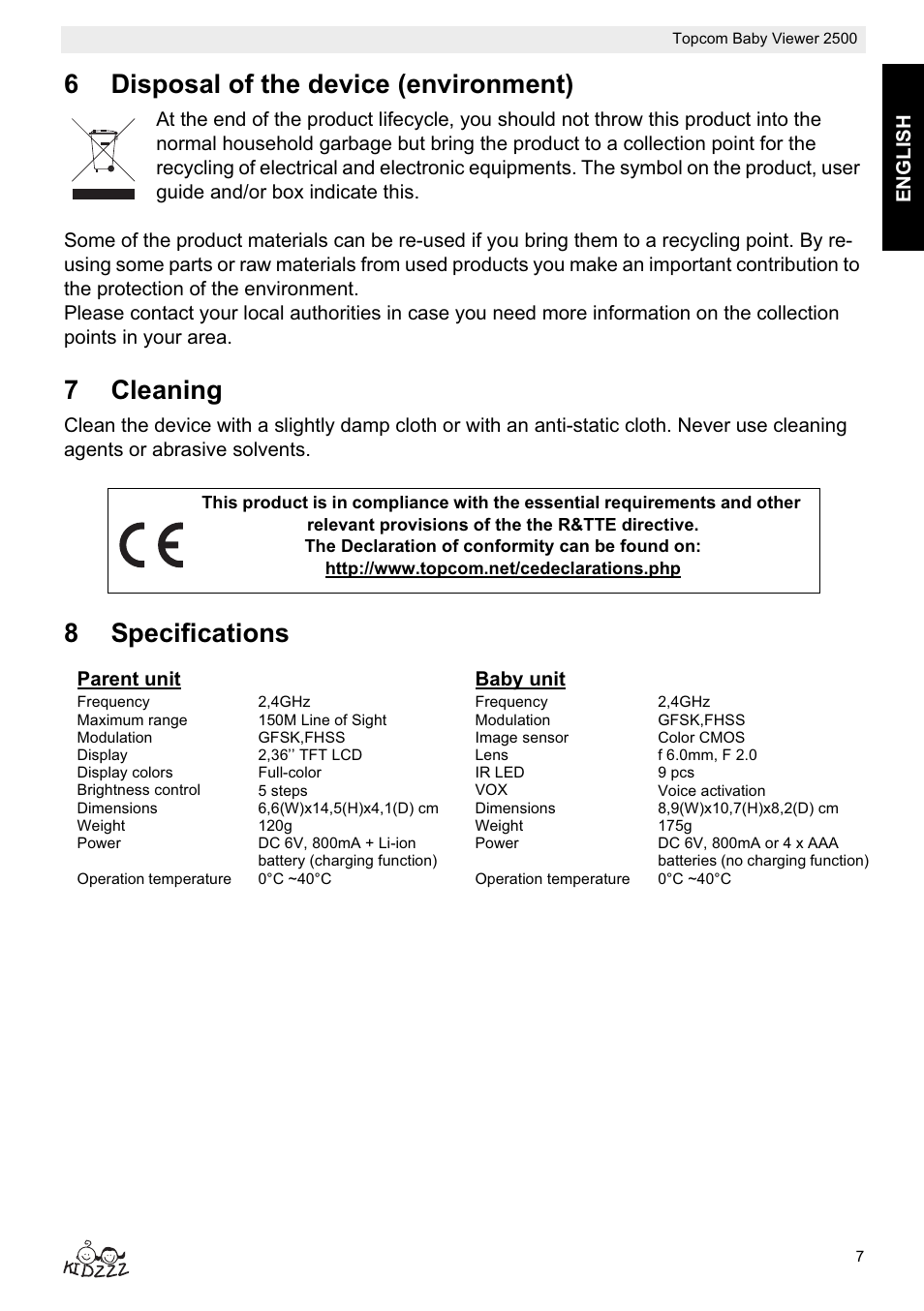 6disposal of the device (environment), 7cleaning, 8specifications | Topcom BABY VIEWER 2500 User Manual | Page 7 / 104