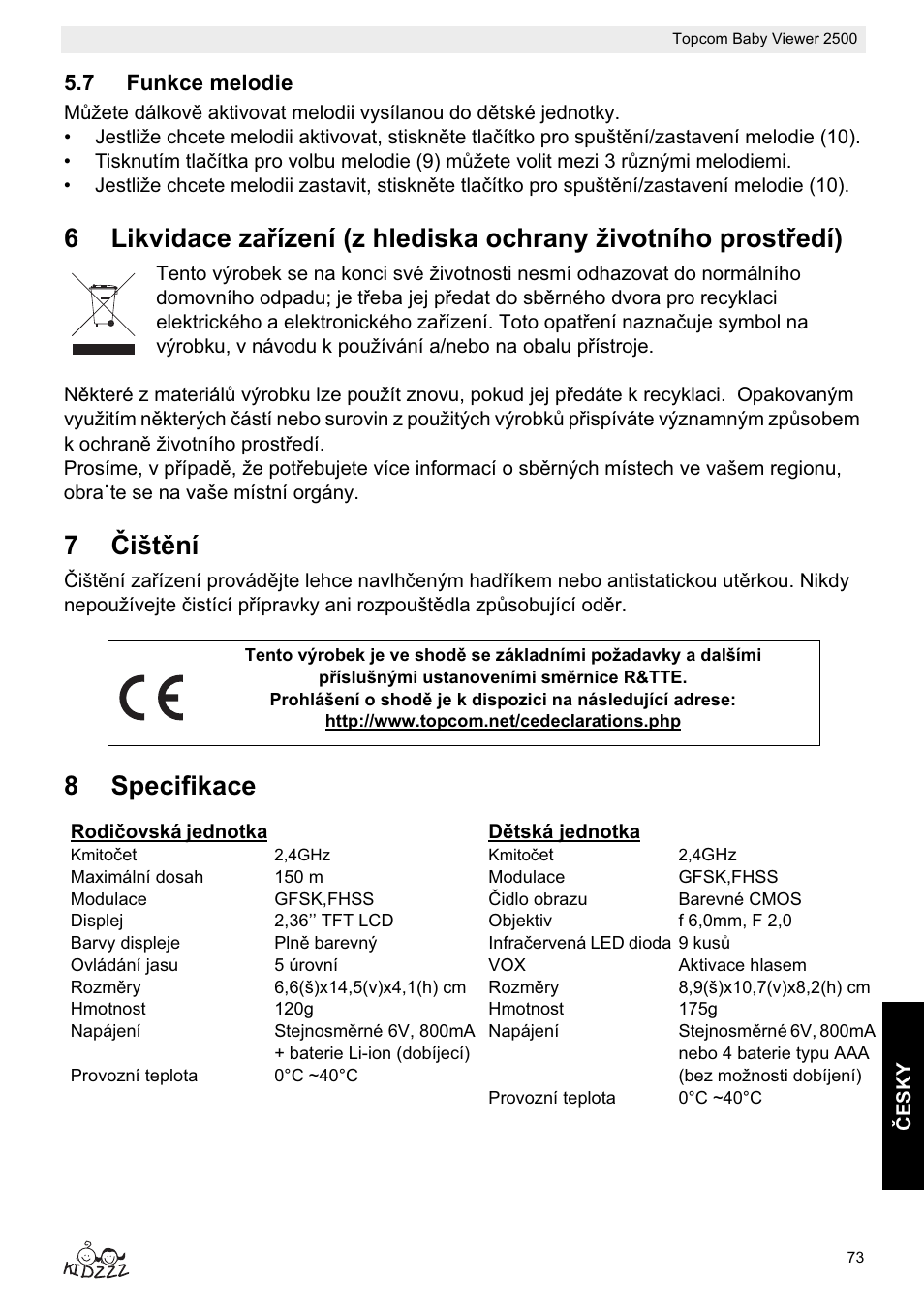 7ýištční, 8specifikace | Topcom BABY VIEWER 2500 User Manual | Page 73 / 104