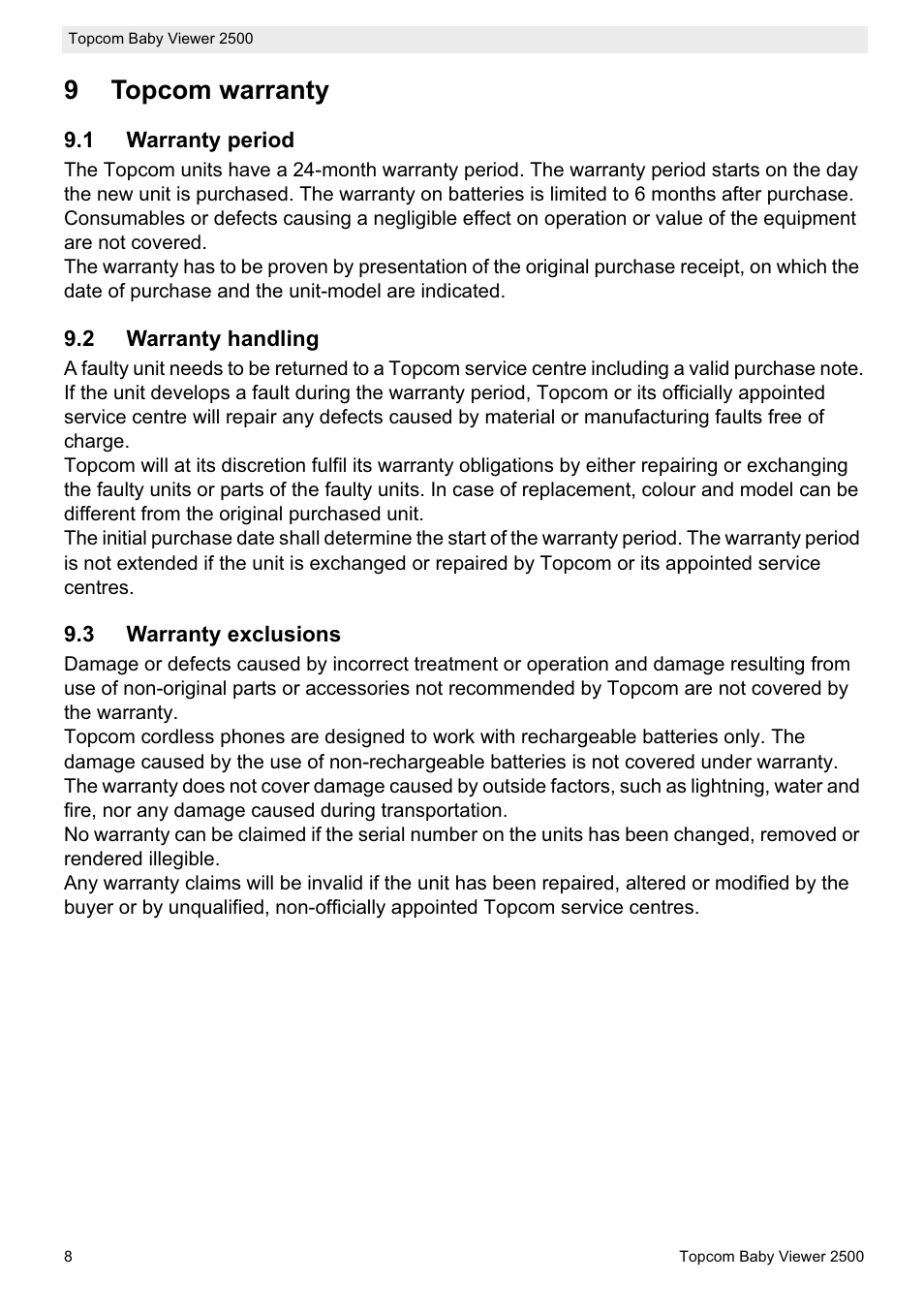 9topcom warranty | Topcom BABY VIEWER 2500 User Manual | Page 8 / 104