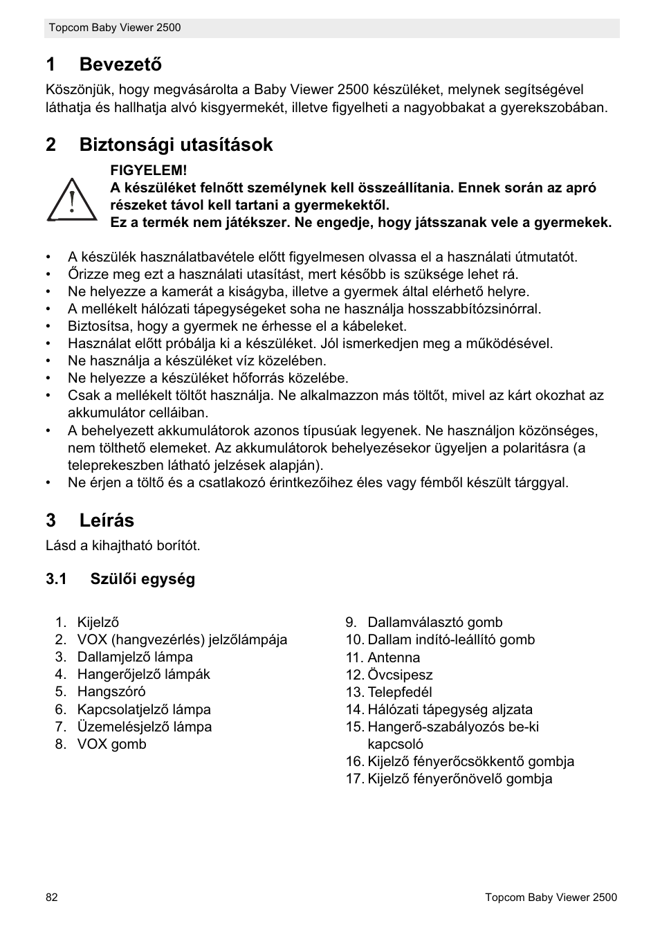 1bevezetę, 2biztonsági utasítások, 3leírás | Topcom BABY VIEWER 2500 User Manual | Page 82 / 104