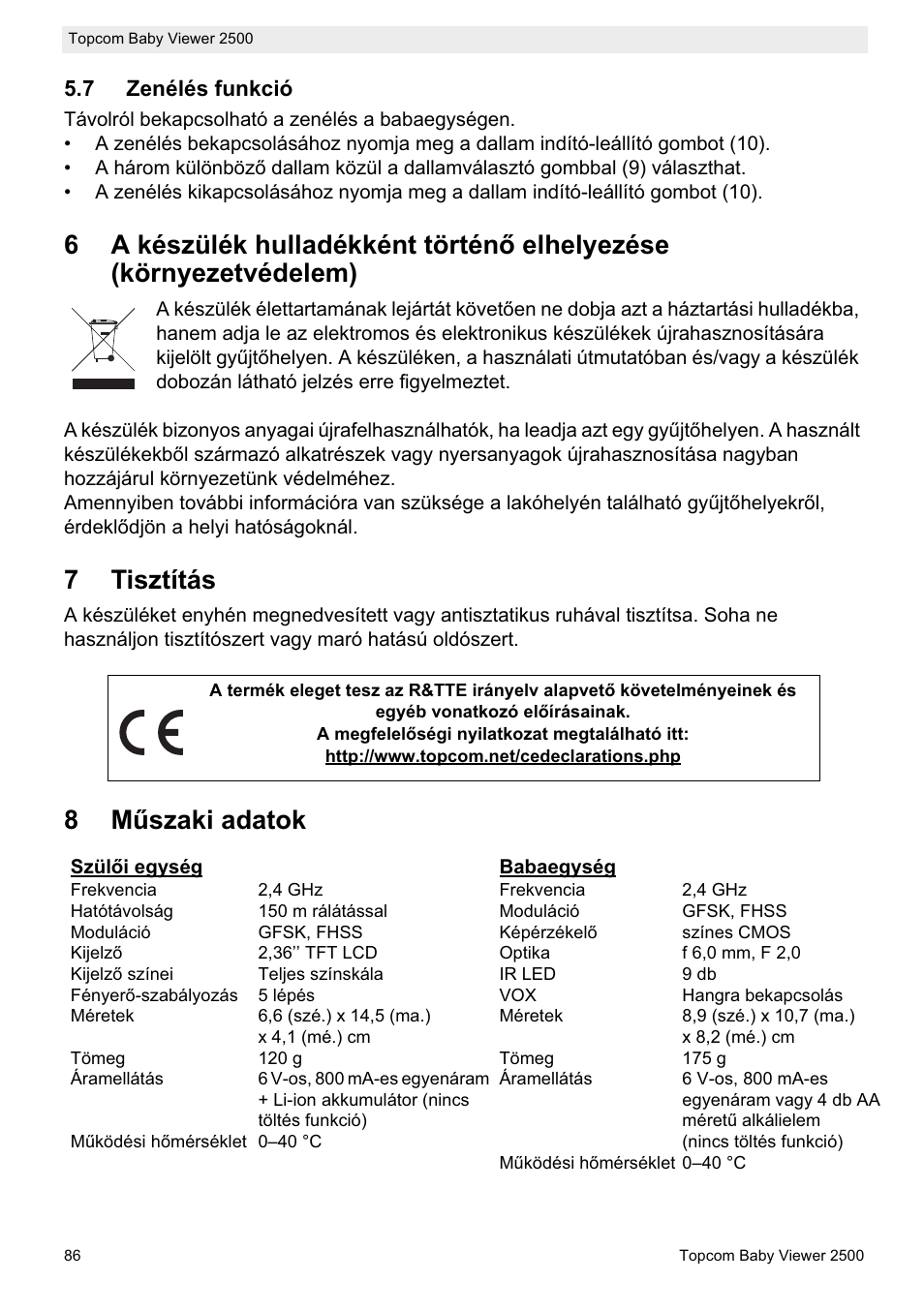 7tisztítás, 8mħszaki adatok | Topcom BABY VIEWER 2500 User Manual | Page 86 / 104