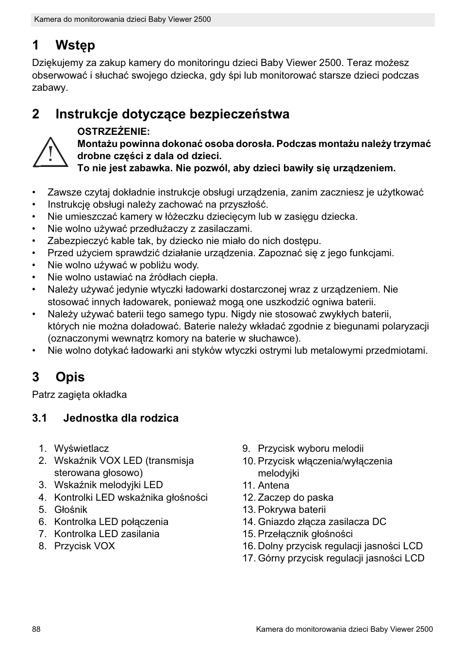 1wstċp, 2instrukcje dotyczące bezpieczeĕstwa, 3opis | Topcom BABY VIEWER 2500 User Manual | Page 88 / 104