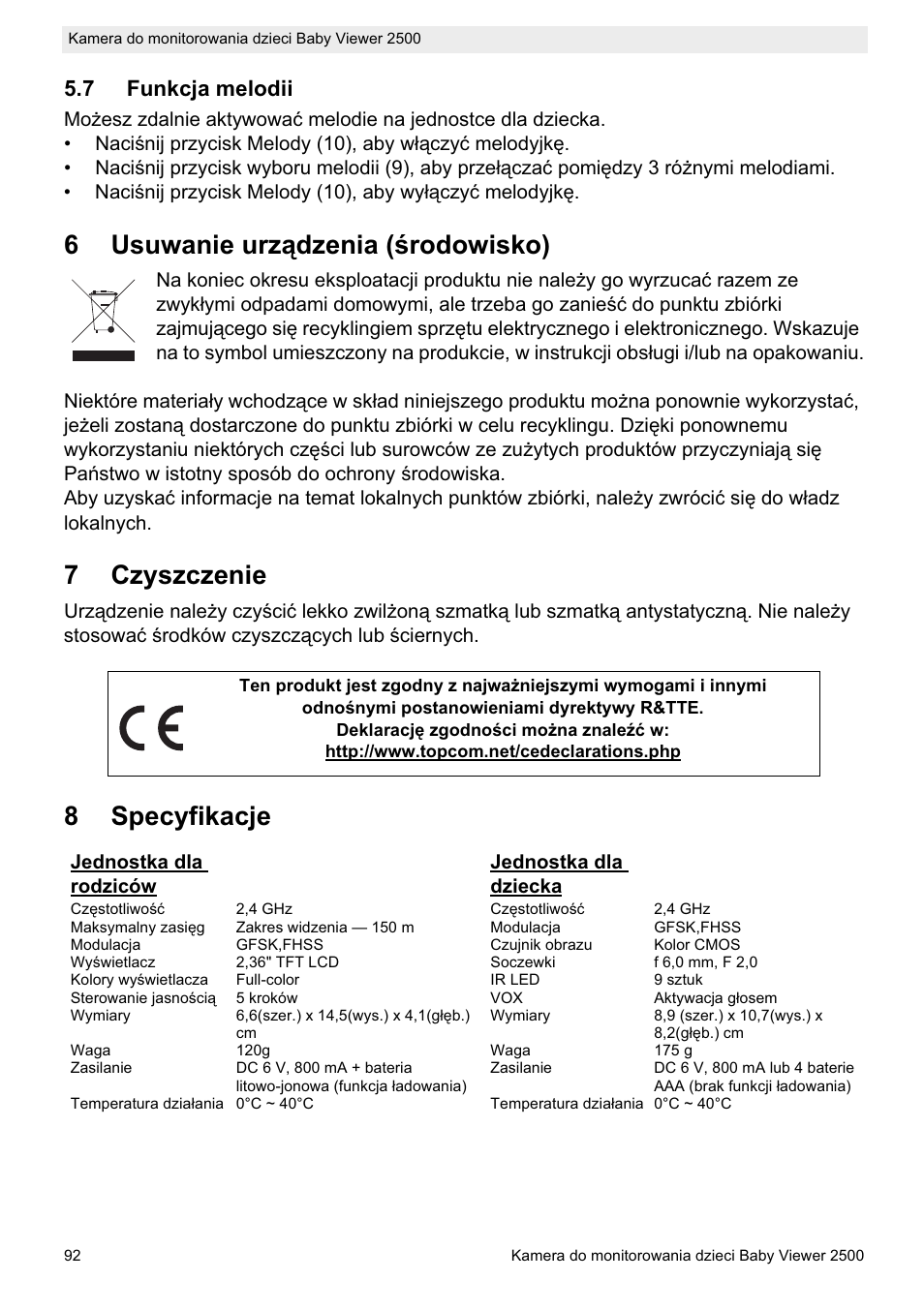 6usuwanie urządzenia (ğrodowisko), 7czyszczenie, 8specyfikacje | Topcom BABY VIEWER 2500 User Manual | Page 92 / 104