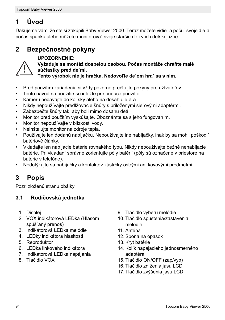 1úvod, 2bezpeþnostné pokyny, 3popis | Topcom BABY VIEWER 2500 User Manual | Page 94 / 104