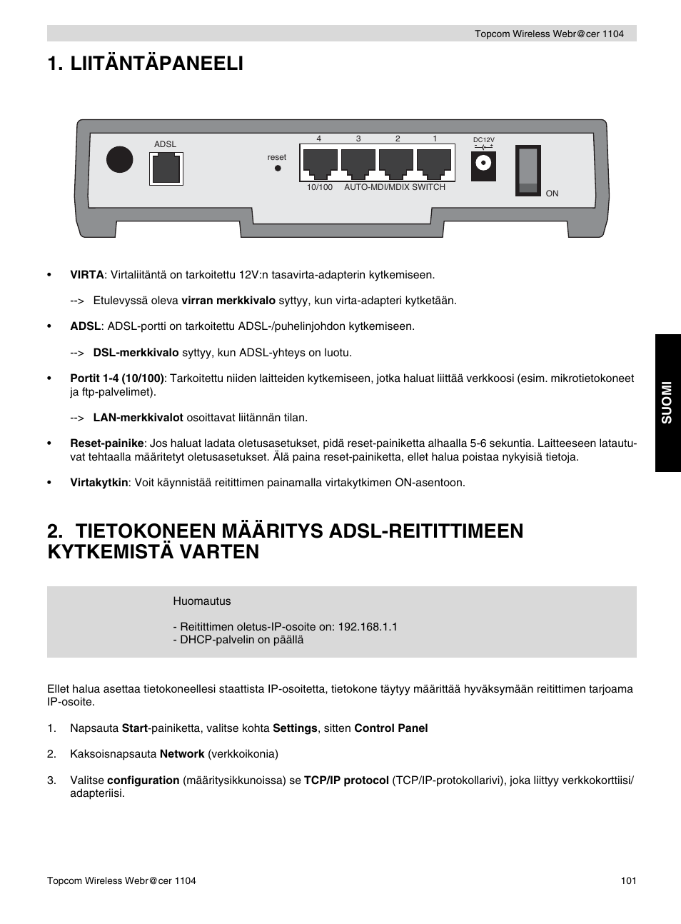 Liitäntäpaneeli | Topcom Wireless Webracer 1104 User Manual | Page 101 / 144