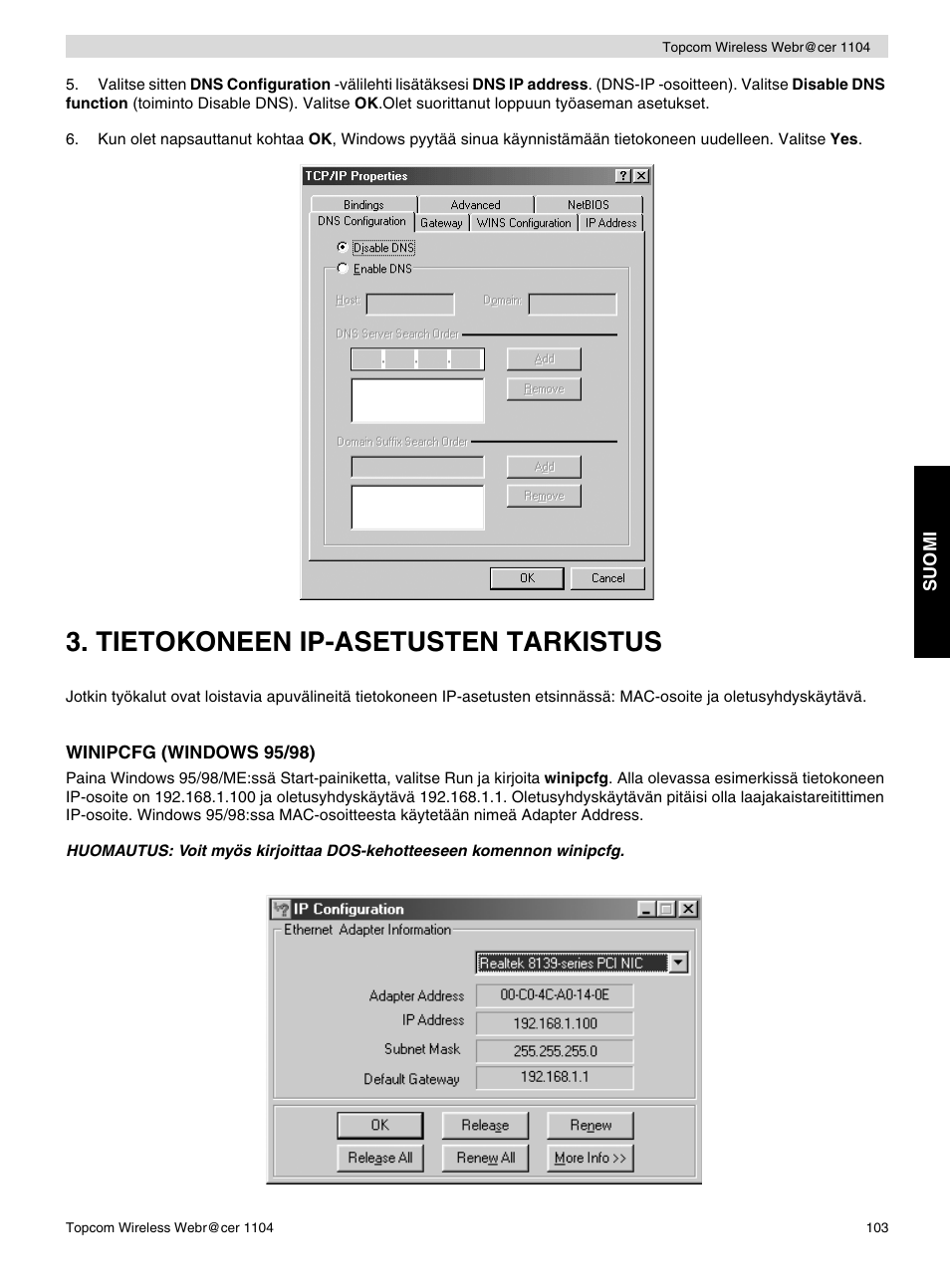 Tietokoneen ip-asetusten tarkistus | Topcom Wireless Webracer 1104 User Manual | Page 103 / 144