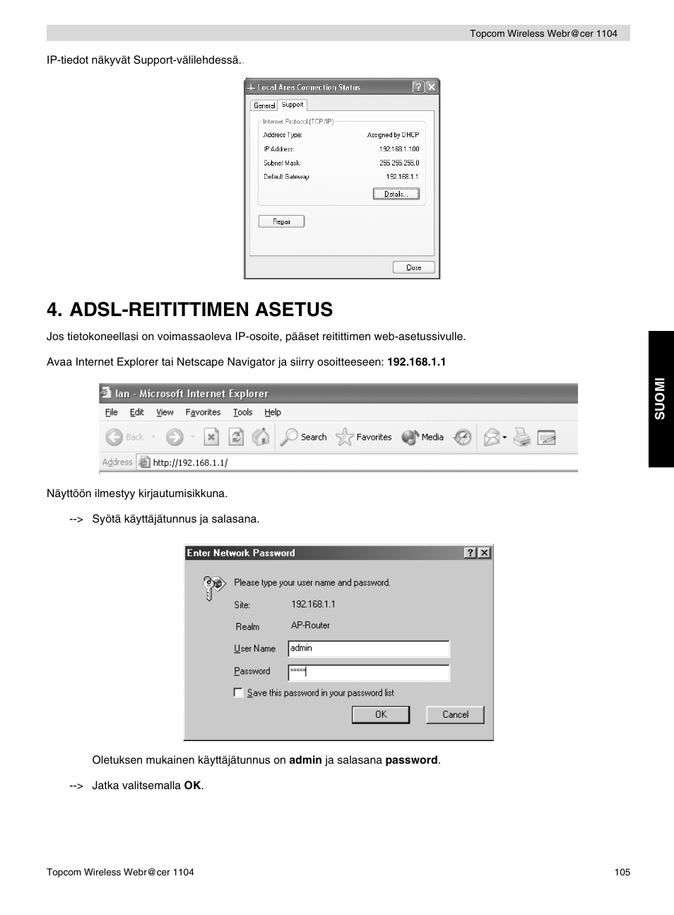 Adsl-reitittimen asetus | Topcom Wireless Webracer 1104 User Manual | Page 105 / 144