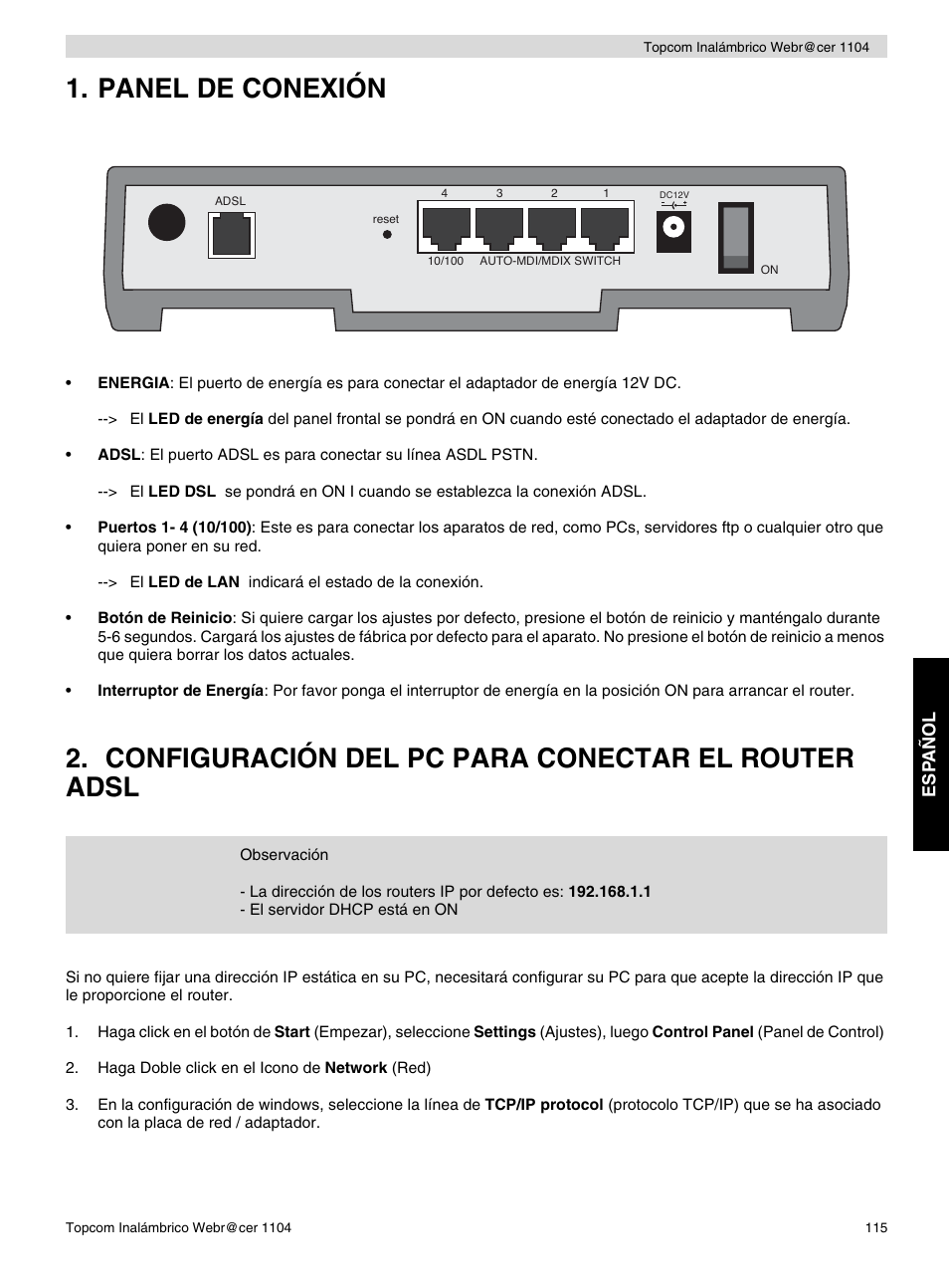 Panel de conexión, Configuración del pc para conectar el router adsl | Topcom Wireless Webracer 1104 User Manual | Page 115 / 144