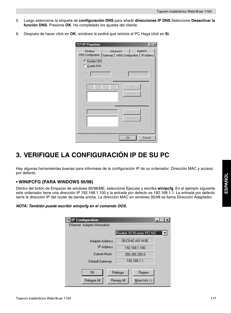 Verifique la configuración ip de su pc | Topcom Wireless Webracer 1104 User Manual | Page 117 / 144